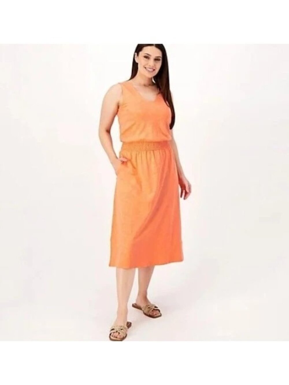 Belle by Kim Gravel Dress Large Petite Slub Knit Smocked Waist Paradise Coral